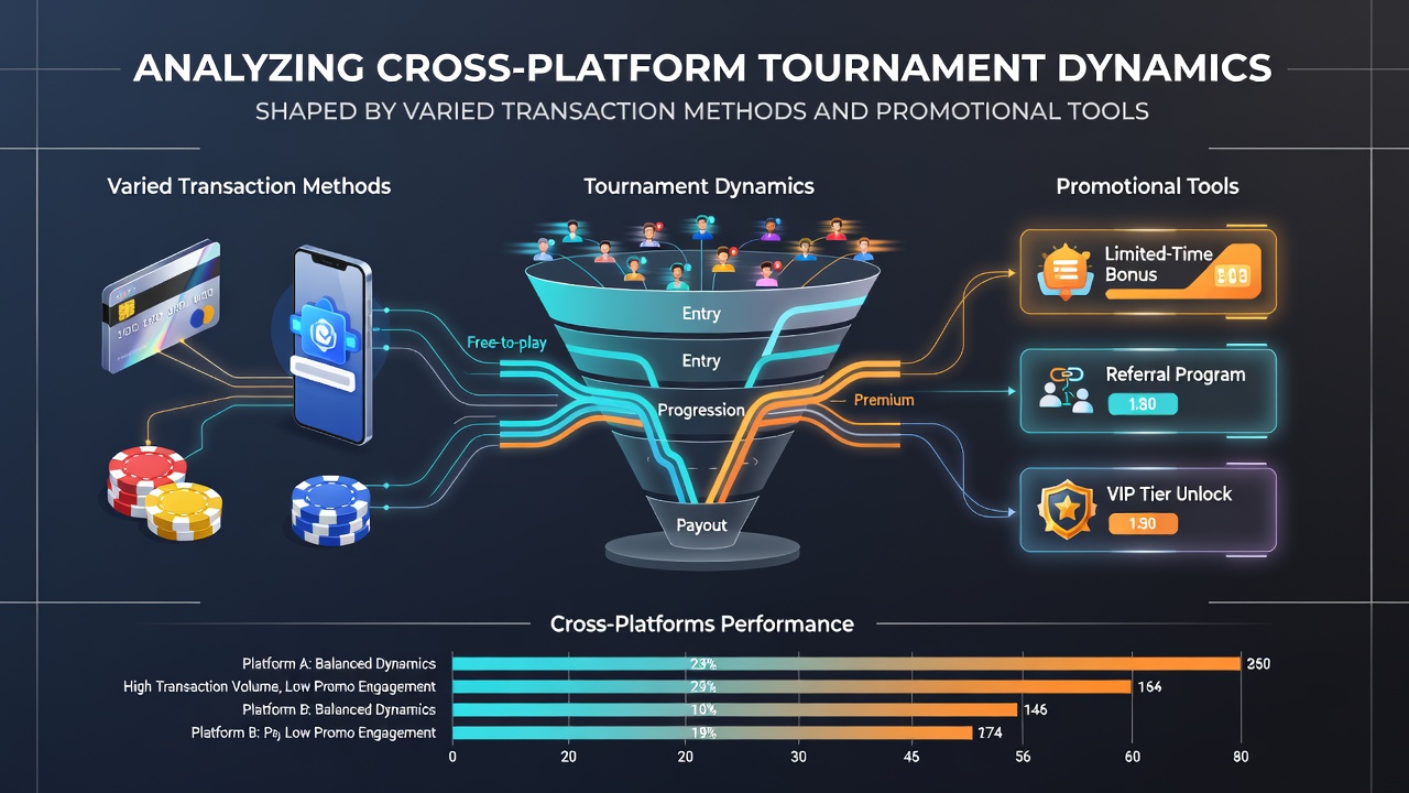 Cross-platform tournament interfaces showing varied transaction and promotional elements on mobile and desktop screens