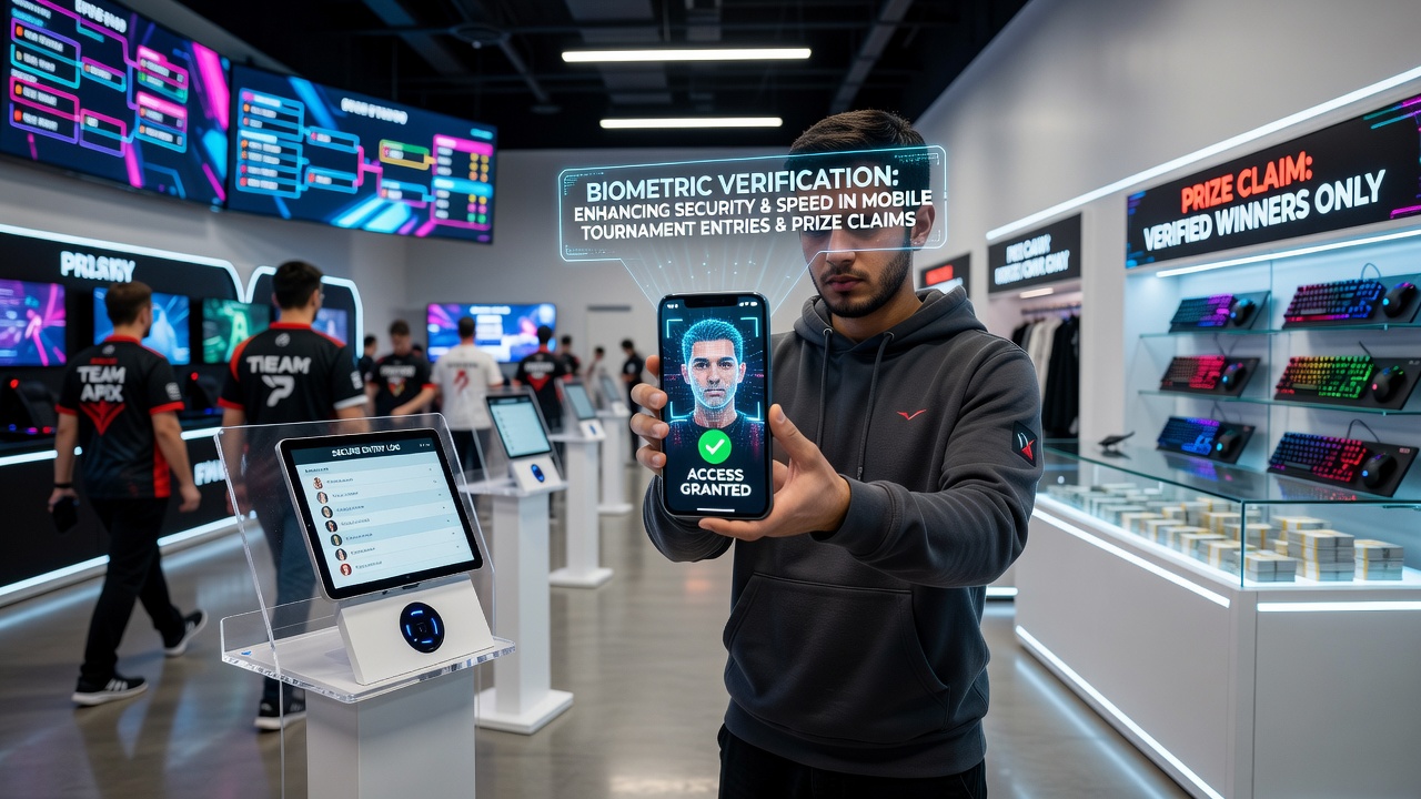 Close-up of biometric scanner confirming identity for prize claim on smartphone