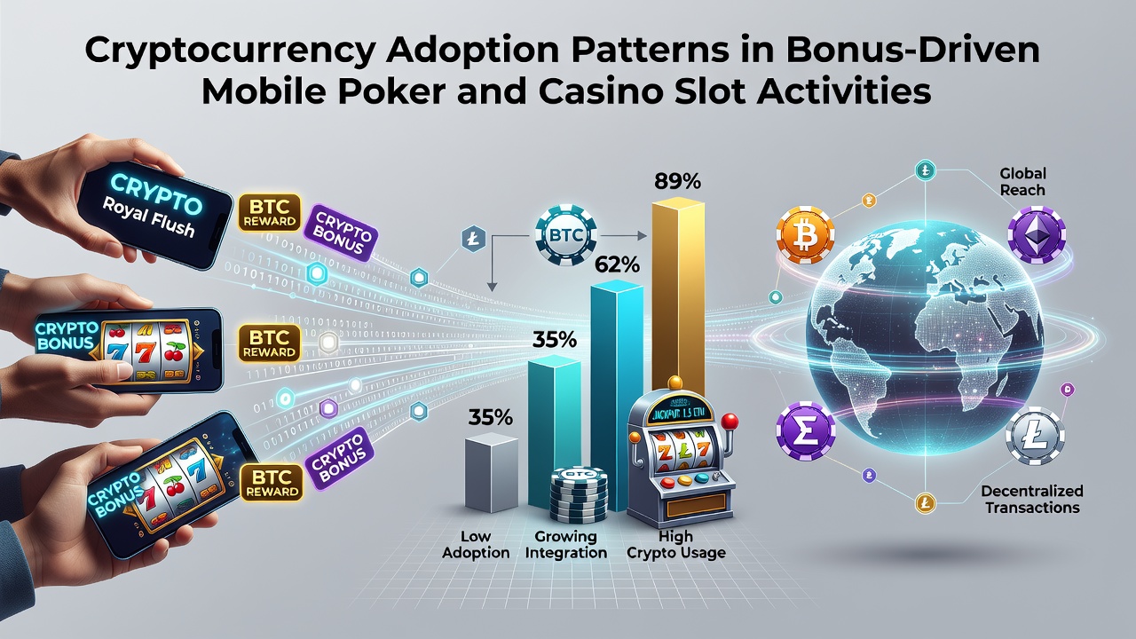 Mobile poker and casino slot interfaces displaying cryptocurrency bonus features and transaction flows