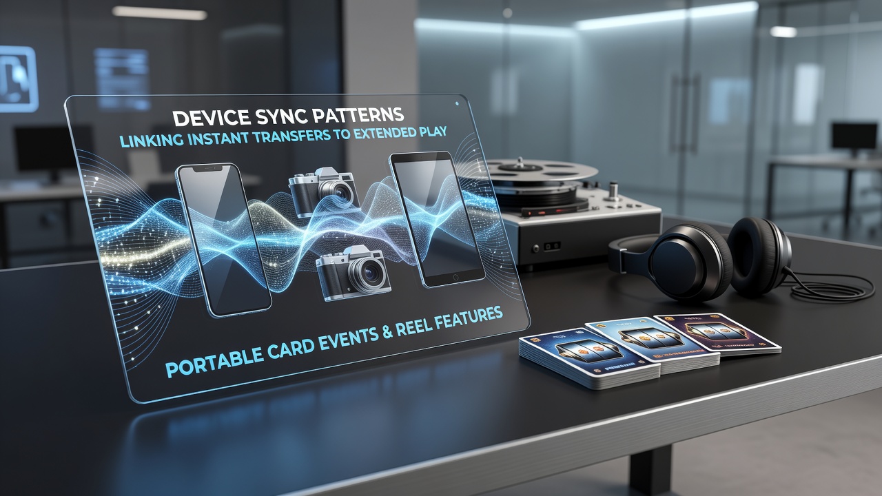 Device synchronization patterns in portable gaming environments showing cross-device data flow during card and reel sessions
