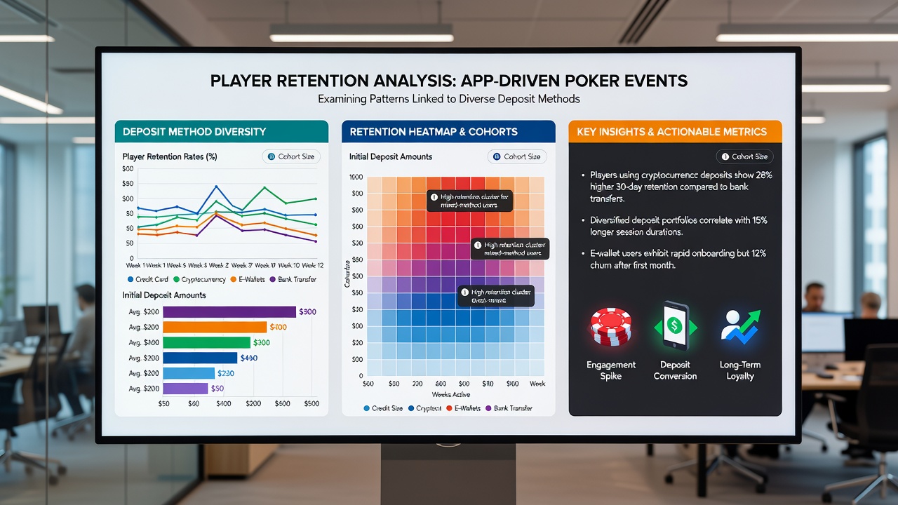 Analytics dashboard displaying retention curves segmented by deposit method type across poker and slot applications