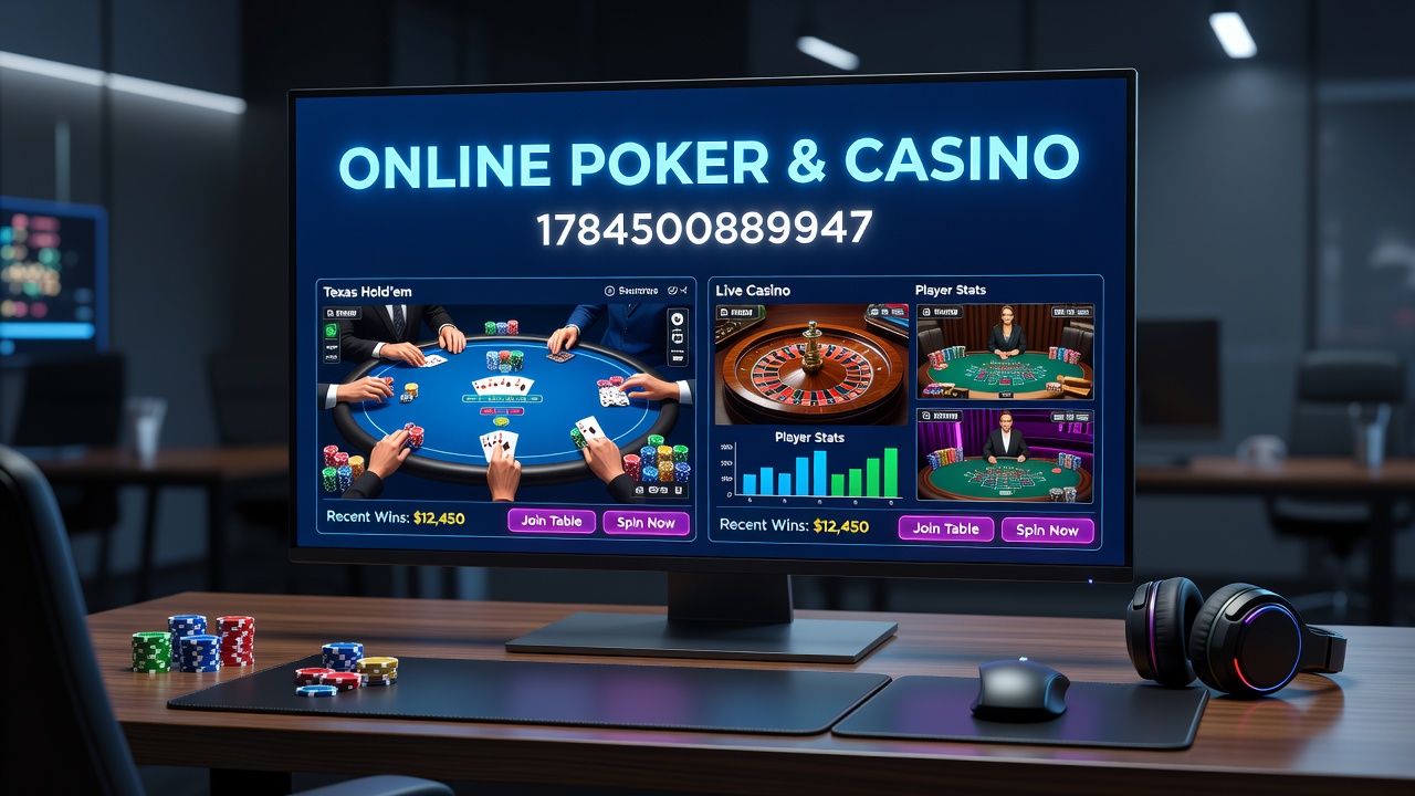 Overview of online poker tables and casino slot interfaces displayed on multiple devices