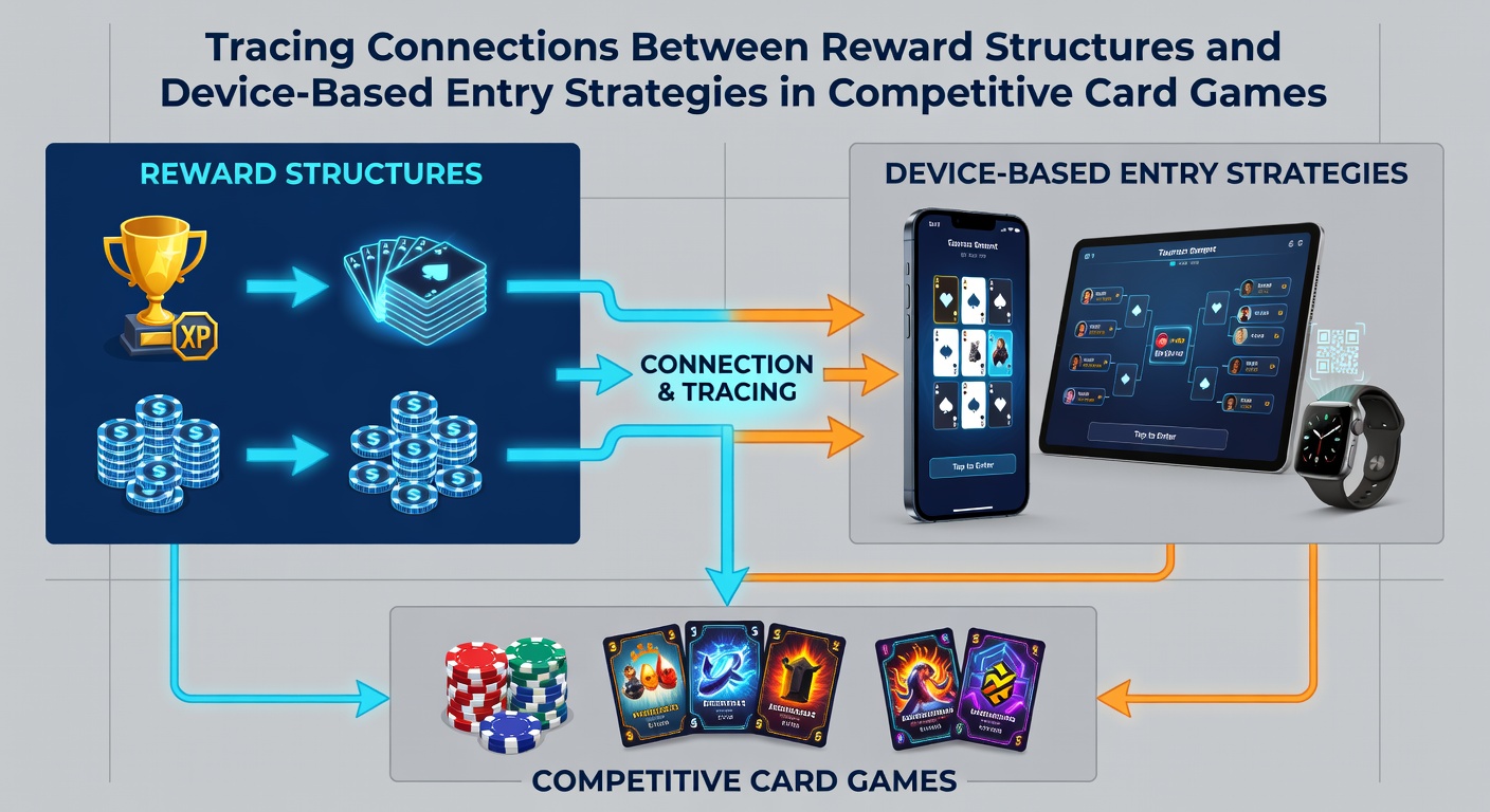Infographic illustrating device entry flows feeding into reward tiers for competitive card and reel events