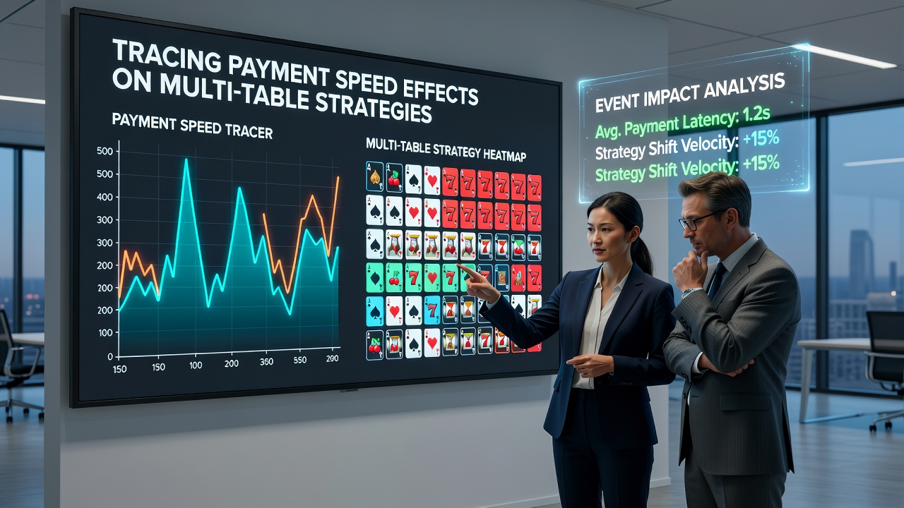 Split-screen view of a tablet showing synchronized card tables and reel spins with payment status indicators